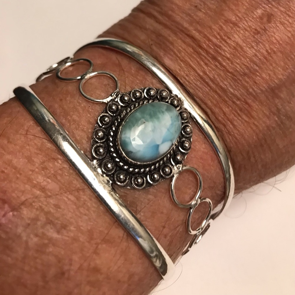 Larimar Stamped 925 Sterling Silver Cuff Bracelet